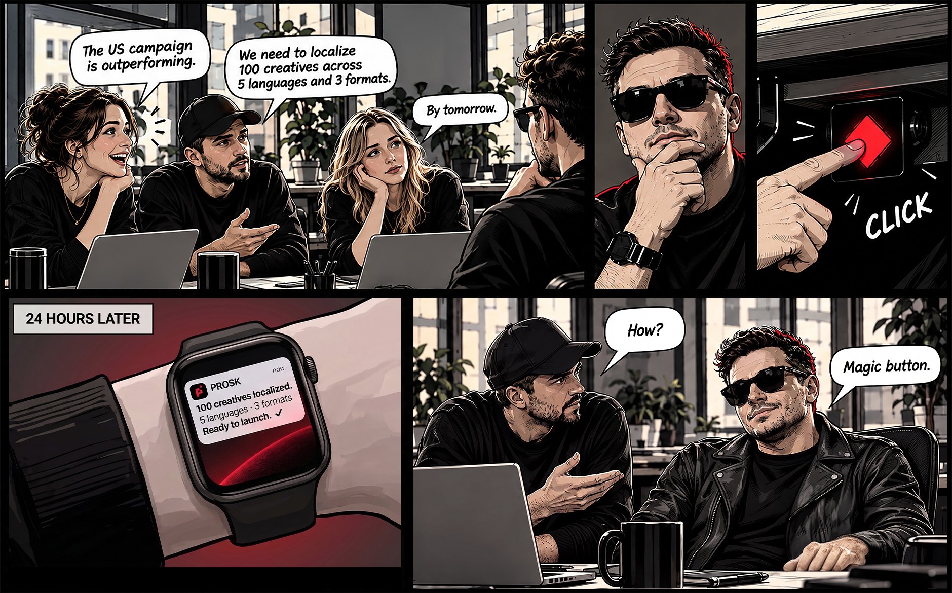 Comic: the US campaign is outperforming, we need to localize 100 creatives across 5 languages and 3 formats by tomorrow — one click, and 24 hours later everything is ready to launch.