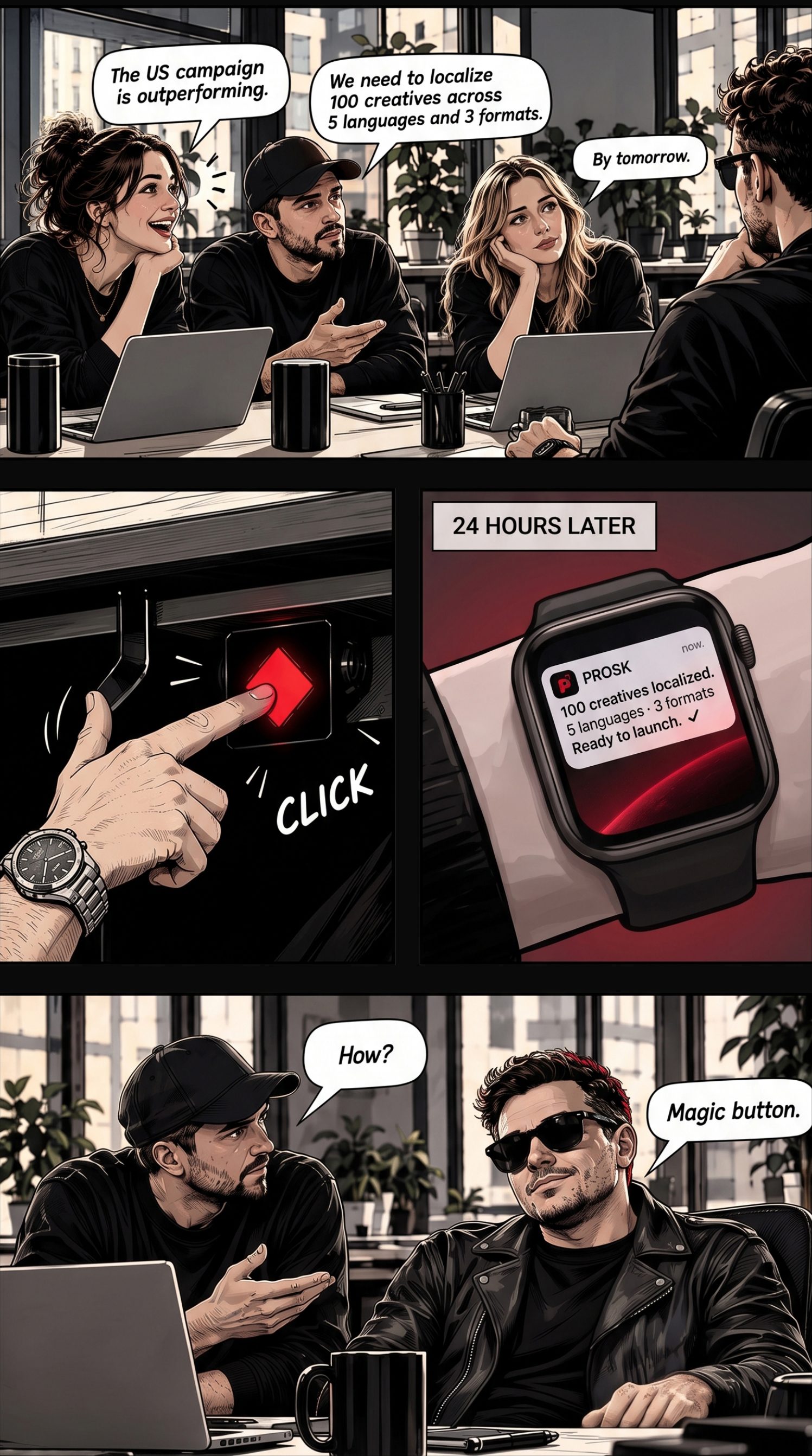 Comic: the US campaign is outperforming, we need to localize 100 creatives across 5 languages and 3 formats by tomorrow — one click, and 24 hours later everything is ready to launch.