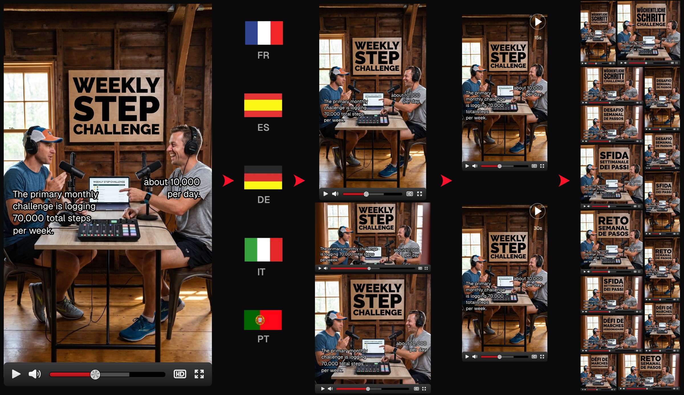 One master video localized into French, Spanish, German, Italian and Portuguese, cut into formats and cutdowns